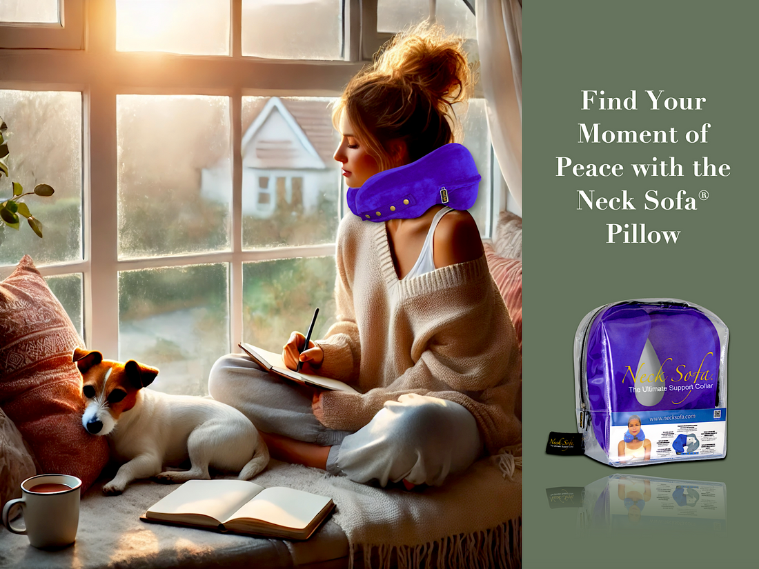 A peaceful morning gratitude routine with a woman wearing a Neck Sofa Pillow sitting in front of a cozy window seat, warm tea, a Jack Russell puppy, and a gratitude journal