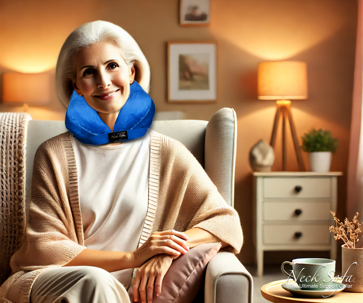 A warm, cozy image of an elderly person comfortably resting with the Neck Sofa Pillow