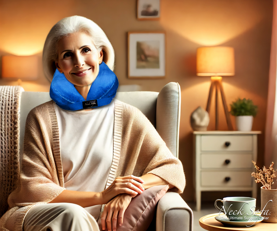 A warm, cozy image of an elderly person comfortably resting with the Neck Sofa Pillow