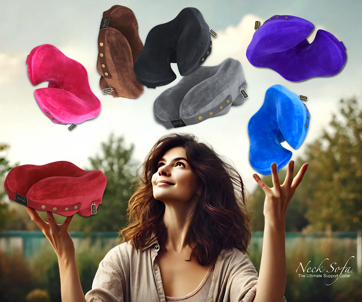 A woman outside happily juggling seven different colored Neck Sofa Pillows
