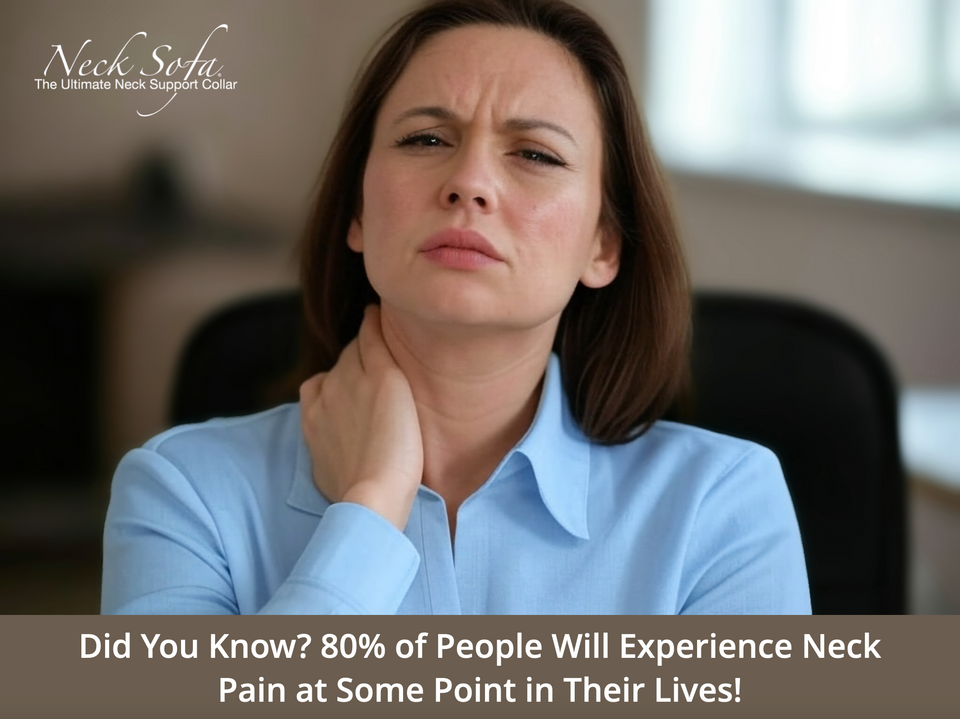 A woman sitting down rubbing her neck because she has neck pain