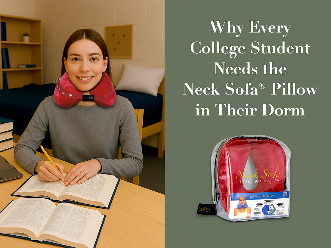College student studying in her dorm room wearing a Burgundy Neck Sofa Pillow