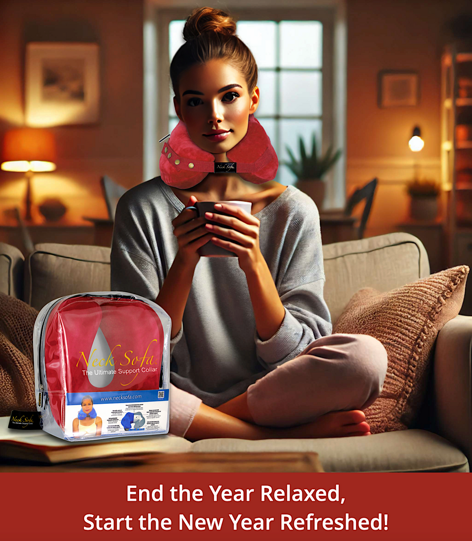 Image of a woman with her hair styled in a neat bun, and a calm, relaxed expression. She is wearing a burgundy Neck Sofa Pillow in a cozy and serene living room atmosphere.
