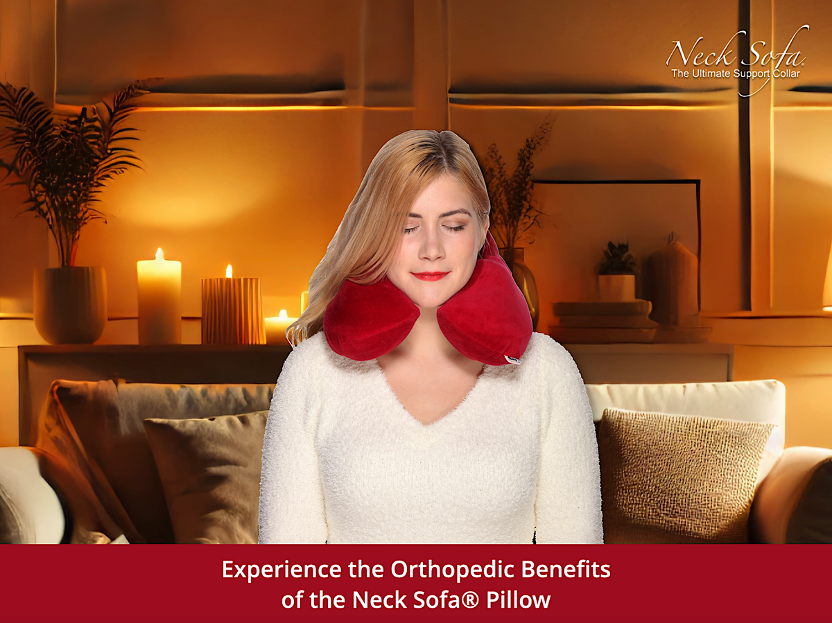 A image of a cozy, warmly lit room featuring a modern couch with a woman comfortably wearing a Burgundy Neck Sofa Pillow with her eyes closed