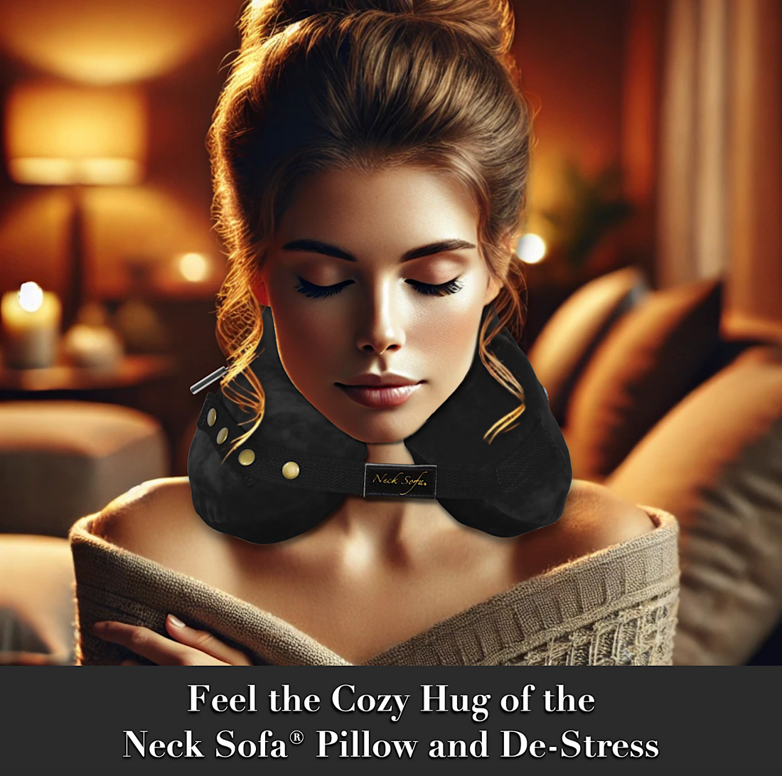 image of a woman wearing the Neck Sofa Pillow de-stressing, with her shoulders covered a bit, enhancing the cozy atmosphere.