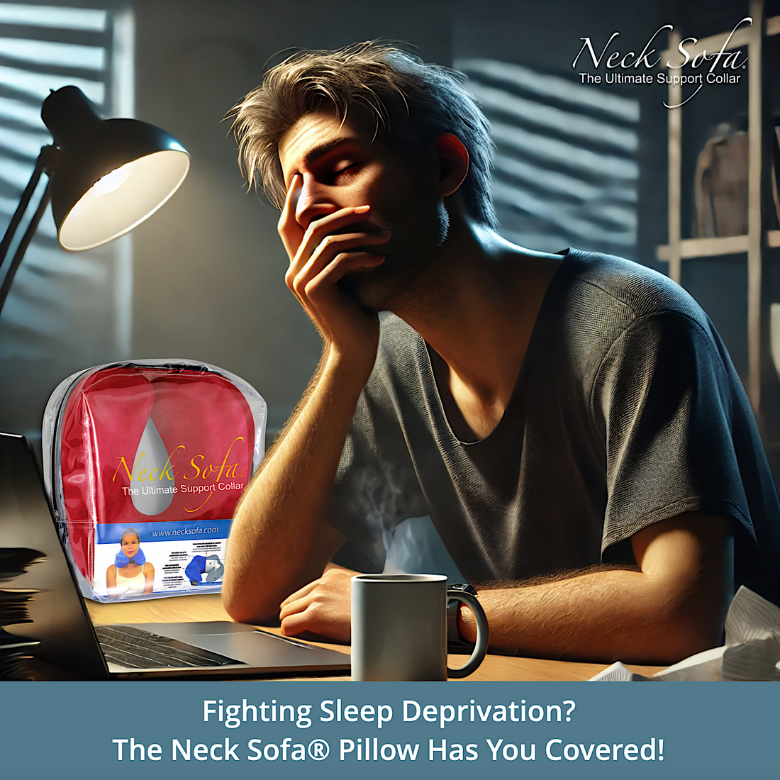A sleep-deprived person rubbing their eyes or yawning at a desk with a Burgundy Neck Sofa Pillow next to him.