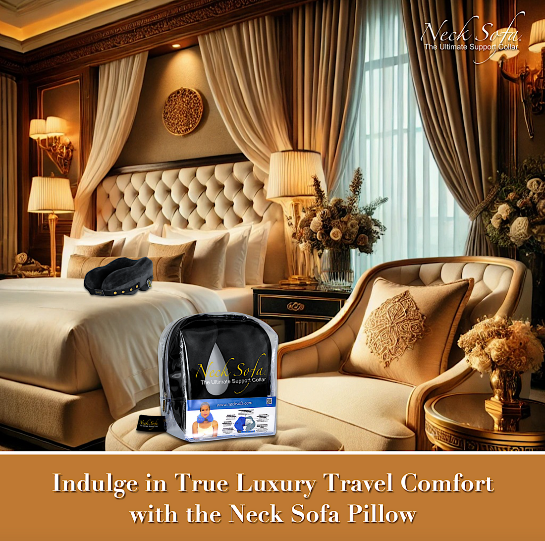 Plush Bed in a Luxury Hotel Room: A luxurious hotel room featuring a plush bed with a Neck Sofa Pillow on it. High-quality white linens and an elegant lounge chair with a Neck Sofa Pillow in a carry bag on it.