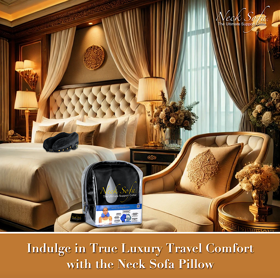 Plush Bed in a Luxury Hotel Room: A luxurious hotel room featuring a plush bed with a Neck Sofa Pillow on it. High-quality white linens and an elegant lounge chair with a Neck Sofa Pillow in a carry bag on it.