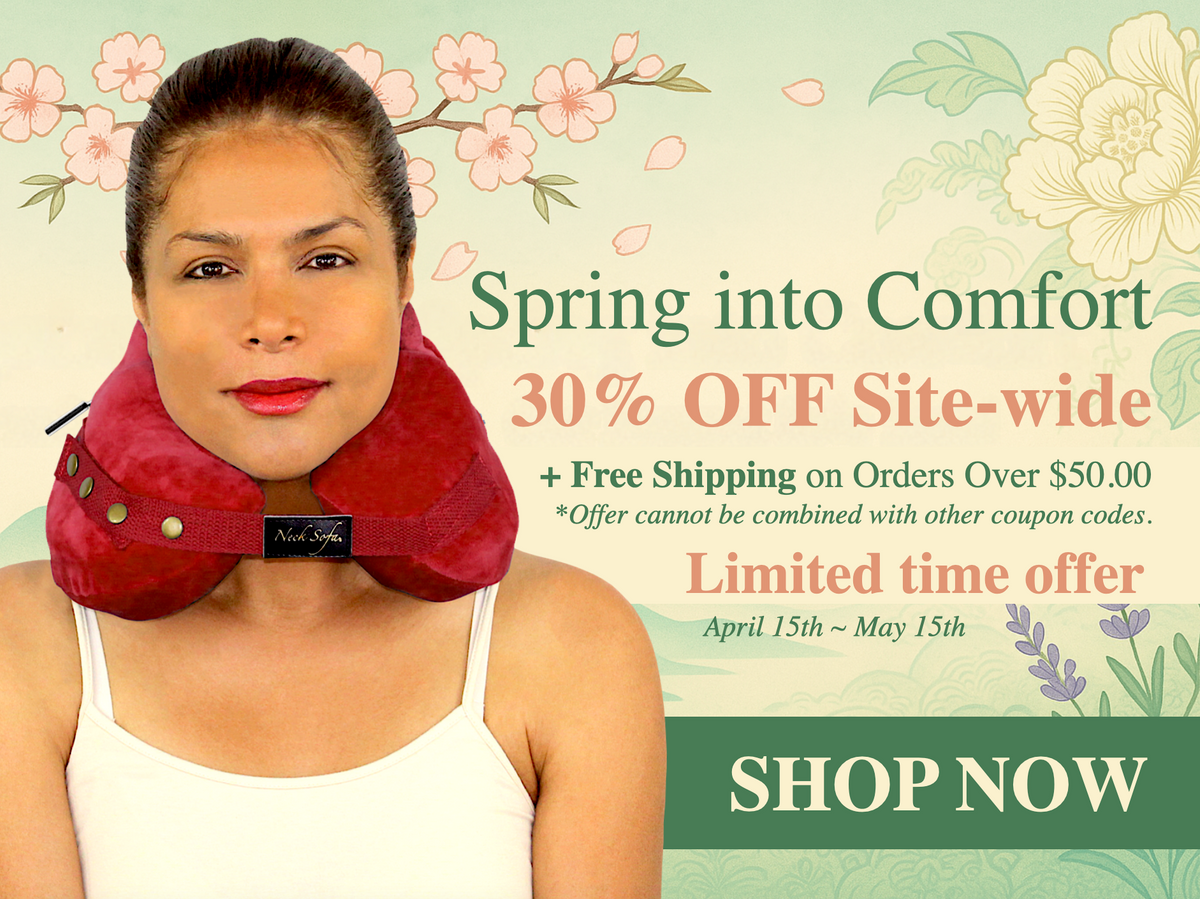 Spring into Comfort: Neck Sofa® Pillow – 30% Off Site-wide + Free Shipping! with woman wearing a burgundy Neck Sofa