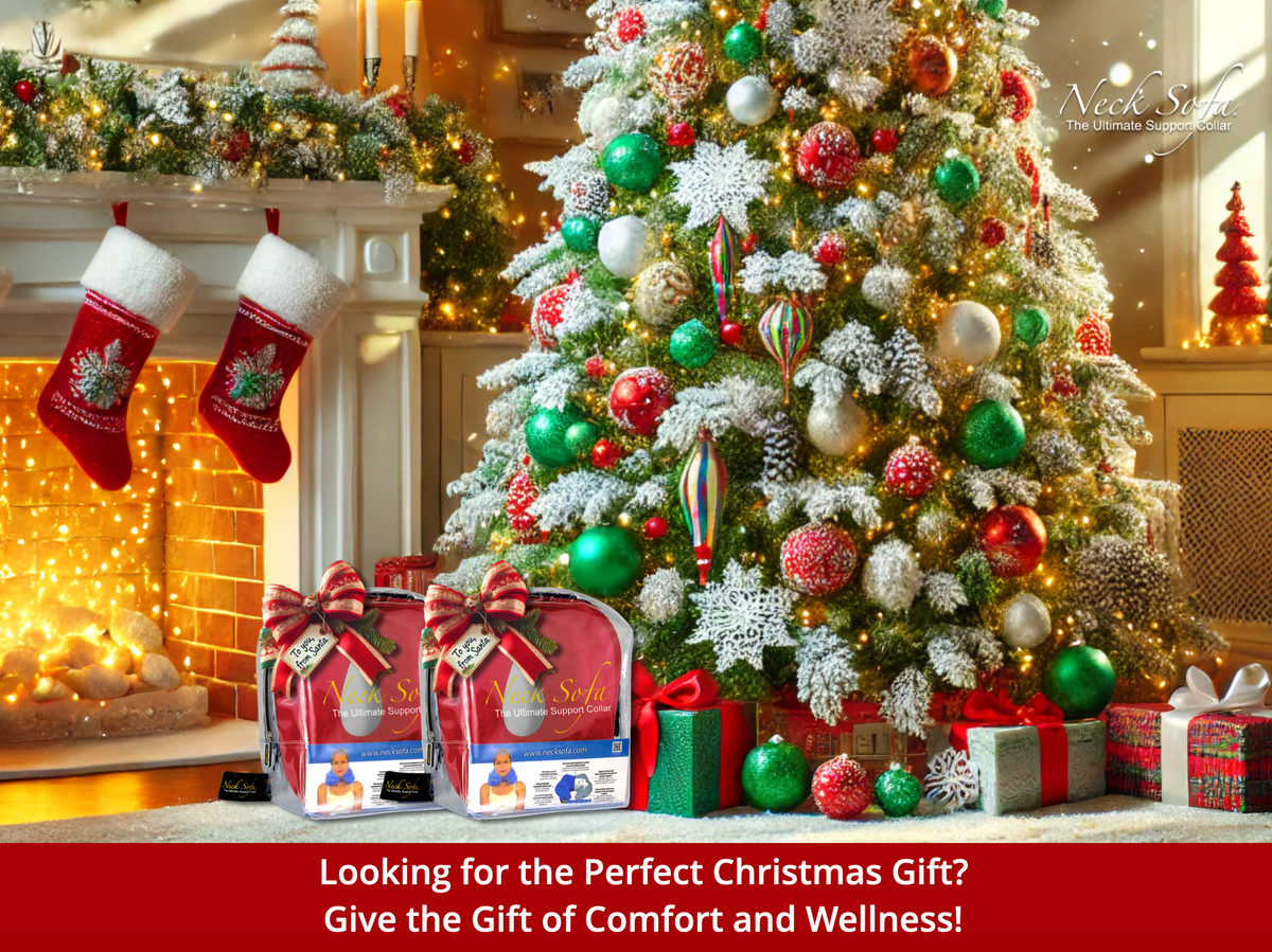 An image with a full view of the room, showcasing the vibrant Christmas tree along with a cozy and festive living space with a fireplace and Christmas gifts of two Burgundy Neck Sofa Pillows with ribbons on it in front of the Christmas tree.