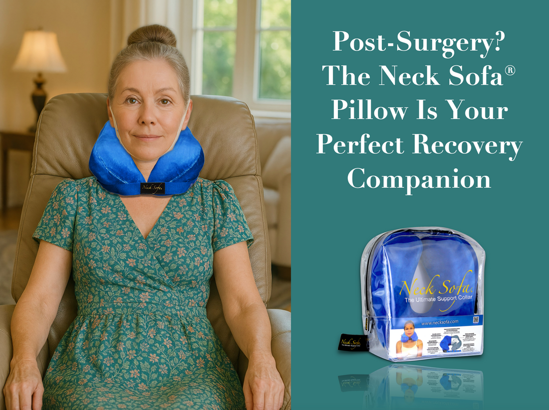 Older woman using a Burgundy Neck Sofa Pillow as a post-op recovery pillow in a reclined position in her living room