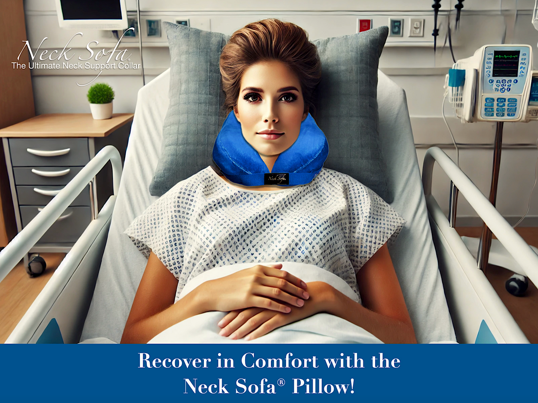 An image of a woman sitting up leaning back in a hospital bed wearing a Blue Neck Sofa Pillow in a calm and supportive recovery scene.