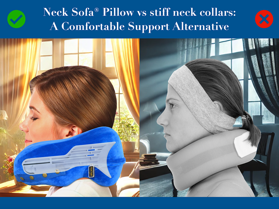 Side-by-side comparison of a woman wearing a stiff neck collar vs. a woman using the Neck Sofa® Pillow, highlighting comfort and mobility.