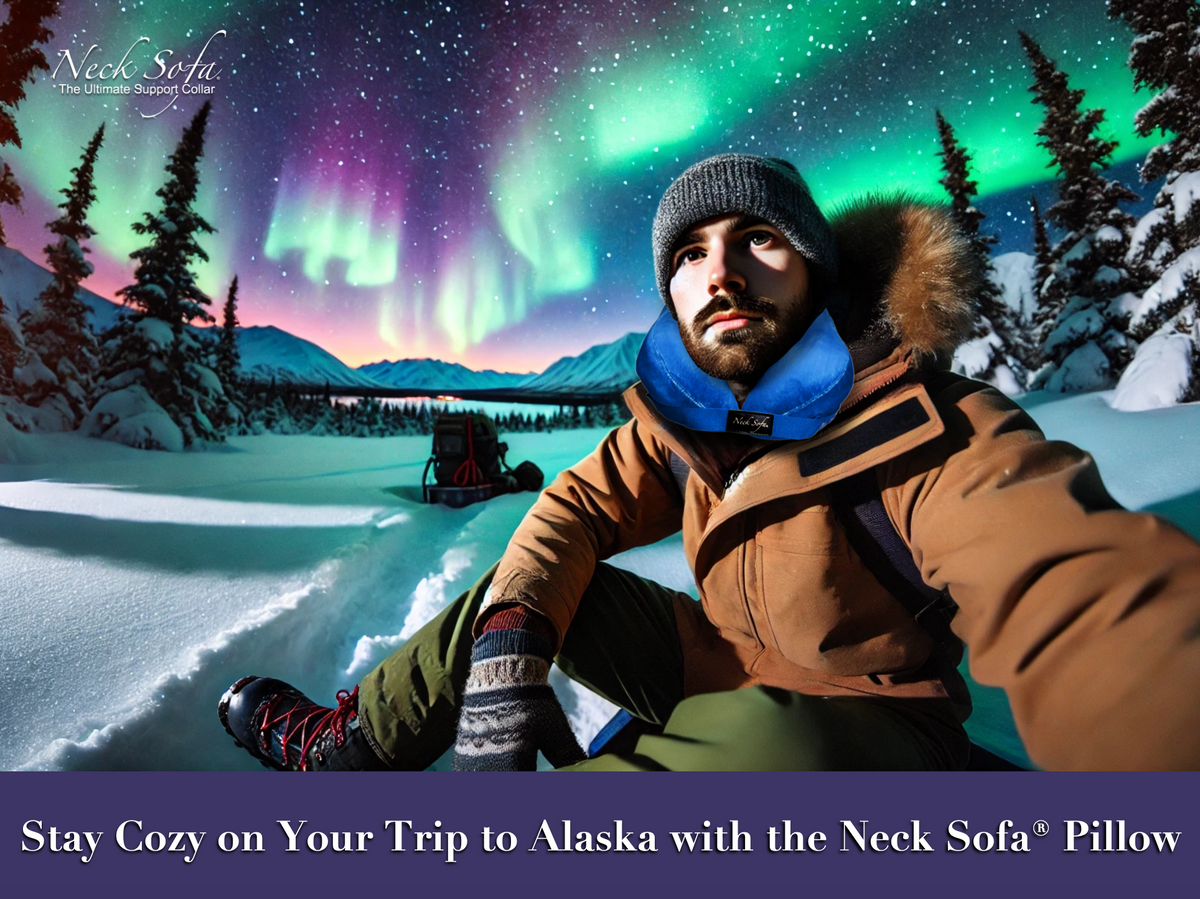 Image with the traveler's face clearly visible as he looks forward under the Northern Lights in Alaska wearing a Neck Sofa Pillow.