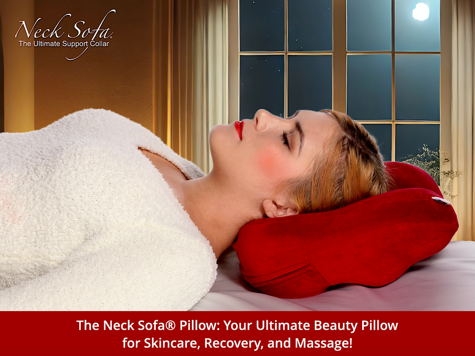 Here is a serene room with added cozy elements, with a warmly glowing lamp, creating an inviting and relaxing atmosphere. A woman sleeping on her back with the Neck Sofa Pillow in the Sleeping Beauty Position.