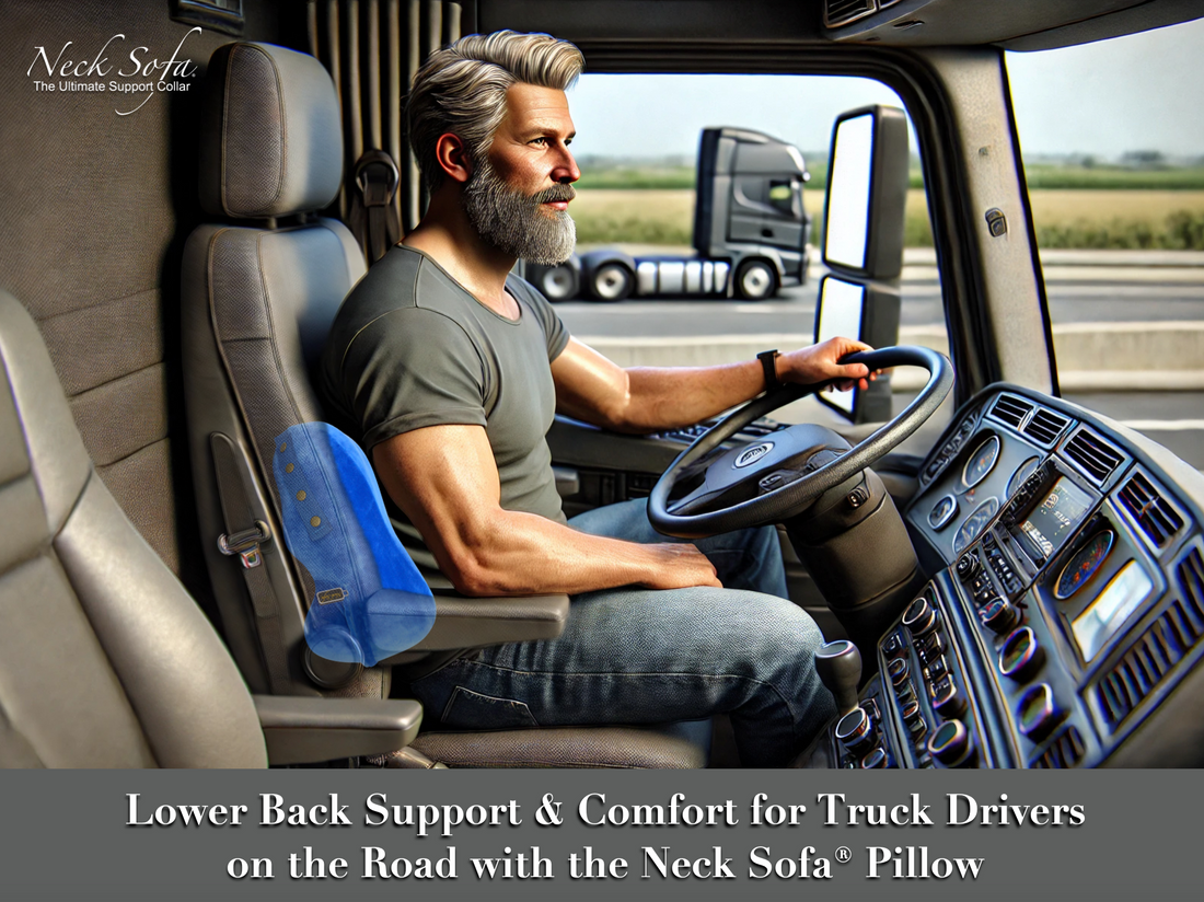 An image with an older, ruggedly handsome truck driver with a beard using the Neck Sofa Pillow as a lower back support while driving his truck.