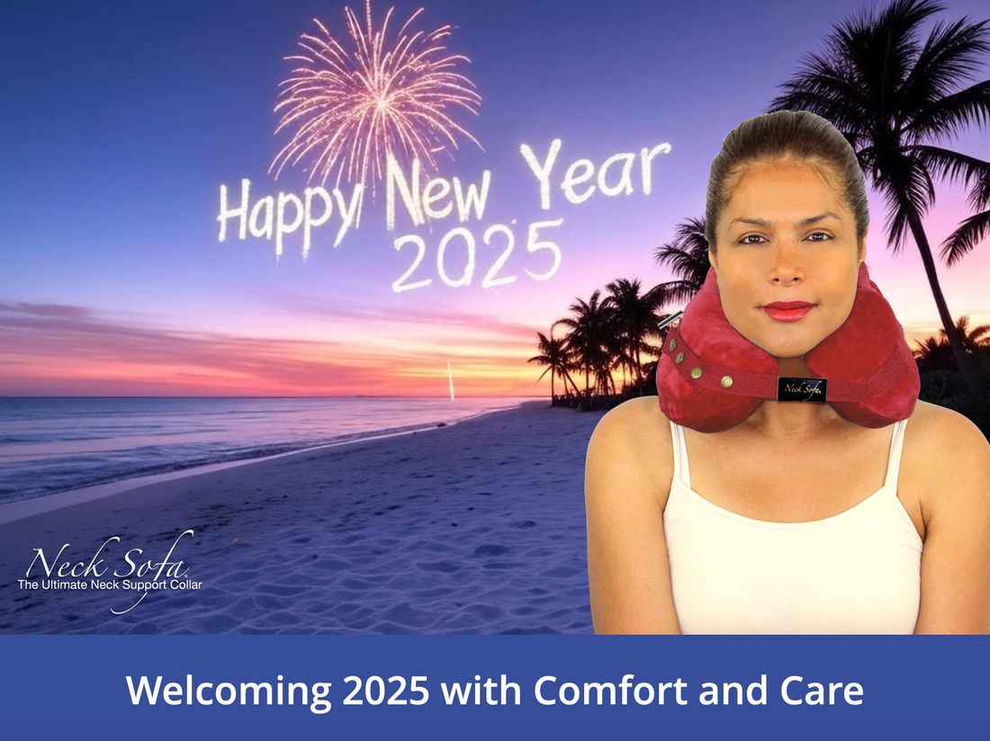 An image of the beach with the words Happy New Year 2025 and a woman on the beach wearing a Burgundy Neck Sofa® Pillow.