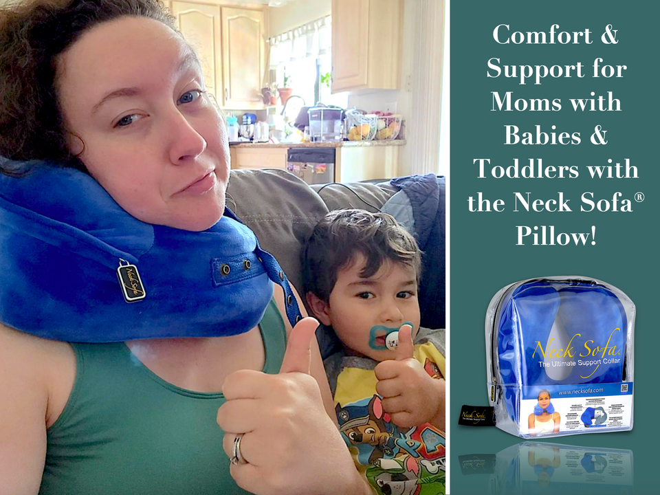Mom relaxing using a Blue Neck Sofa Pillow for neck support sitting with her young son on the couch.
