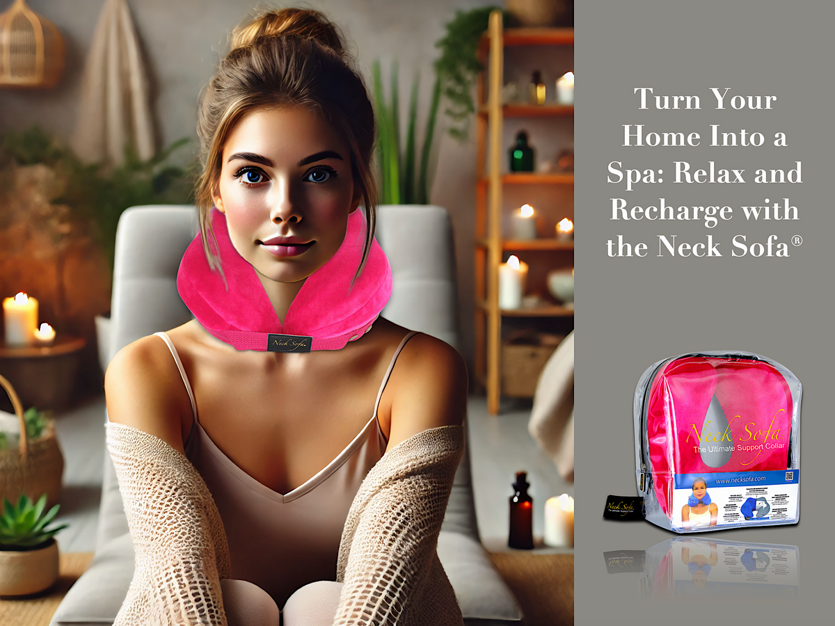 A cozy, softly lit home setting with a woman relaxing in a lounge chair wearing a Pink Neck Sofa Pillow surrounded by calming spa elements like candles and plants.