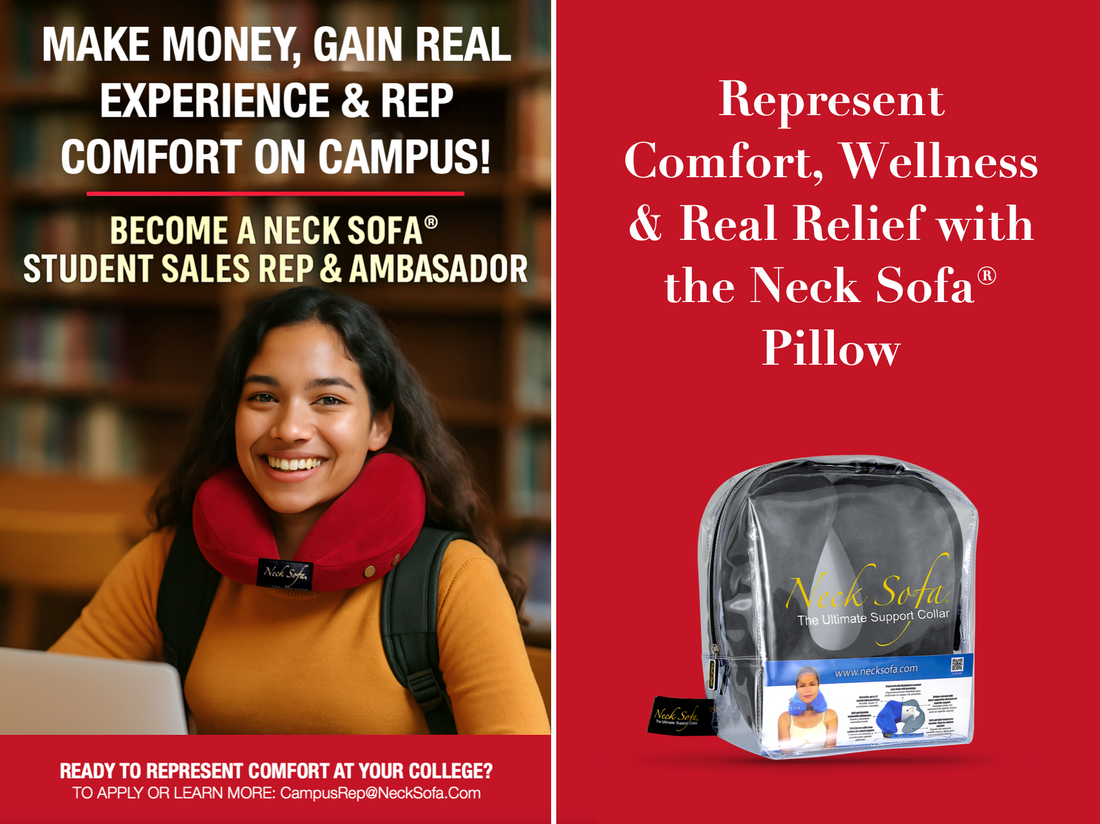 Campus student wearing a burgundy Neck Sofa® Pillow while studying in the library representing comfort, wellness, and real relief.