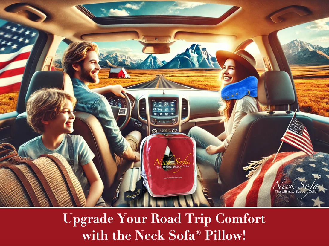 An image of a family traveling across America, enjoying their road trip together. The Mom is wearing a blue Neck Sofa Pillow in the front seat and there is a Burgundy Neck Sofa Pillow in a carry bag in the back seat with the little boy.
