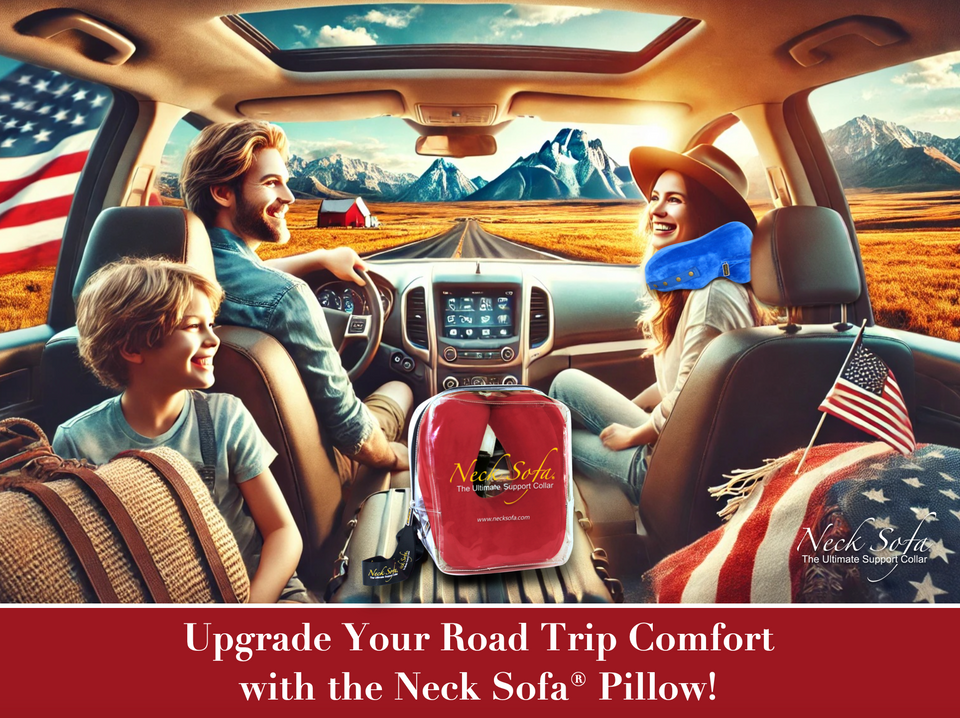 An image of a family traveling across America, enjoying their road trip together. The Mom is wearing a blue Neck Sofa Pillow in the front seat and there is a Burgundy Neck Sofa Pillow in a carry bag in the back seat with the little boy.