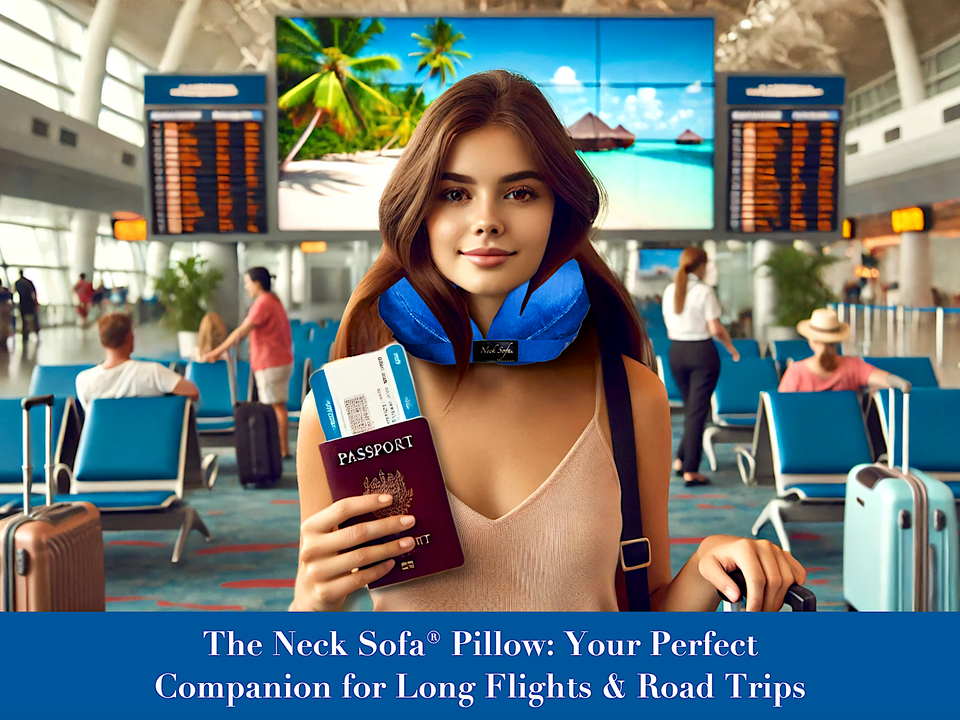 Woman in the airport wearing her Blue Neck Sofa Pillow holding her passport ready to go on vacation