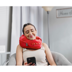 person texting while wearing comfortable neck supporting pillows for sleeping travel spine support - red